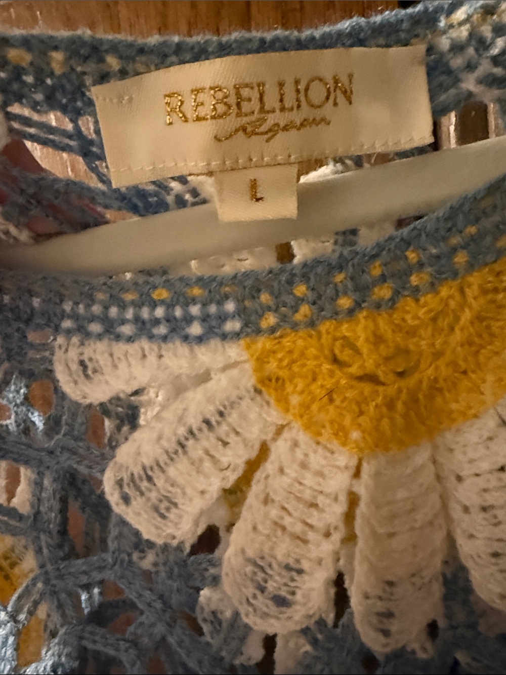 Rebellion Light Blue Crochet Daisy Pullover with White & Yellow Flowers - Picture 4 of 4